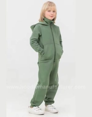 wholesale green long sleeve kids jumpsuit fleece full zipper hoodie for winter manufacturer