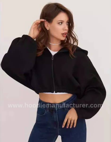 solid color zipper up women cropped hoodie jacket