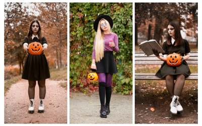 Halloween sweatshirt with a midi skirt and ankle boots