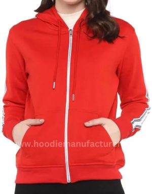 girls red hoodie with side stripes on sleeves