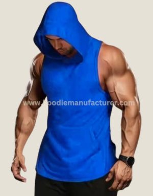 Men Blue Cotton Sleeveless Gym Hoodie Suppliers