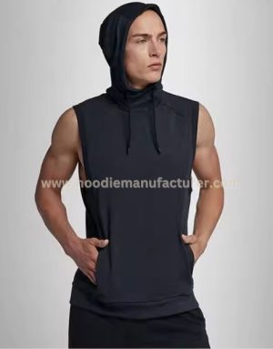 Men Cotton Black Sleeveless Hoodie Manufacturers