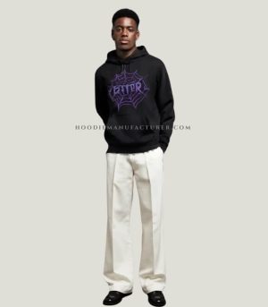 black with violet spider print cotton hoodie in bulk