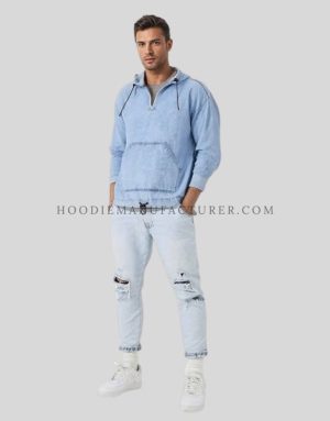 mens blue denim hoodie supplier
